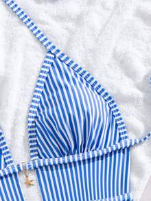 SHEIN Swim Swim Mod 女款優雅性感波西米亞風海灘派對度假風連身泳衣－藍白條紋花卉印花掛脖式比基尼，附海星飾墜 - 藍白色 - 查看 7