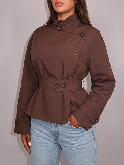 Radiana Plus Size Women's Belt And Pockets Brown Trench Coat, Solid Color Fall Autumn Winter Trench Coat