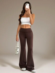 SHEIN Tall 女款高腰彈性瑜伽褲，修身健身緊身褲，棕色休閒款，適合高個子女性 - 棕色 - 查看 7