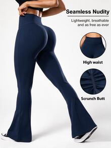 Easithlete Women's High Waist Flared Leg Sports Pants, Navy Blue - Navy Blue - View 1