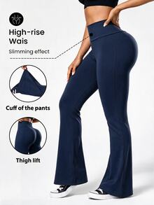 Easithlete Women's High Waist Flared Leg Sports Pants, Navy Blue - Navy Blue - View 3