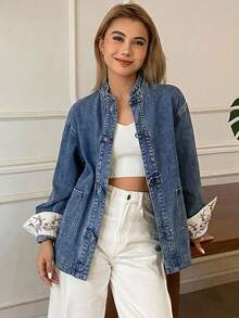 DAZY Women's Patchwork Contrast Trim Loose Stand Collar Frog Button Casual Vacation Spring Autumn Denim Jacket And Outerwear - Blue - View 8