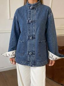 DAZY Women's Patchwork Contrast Trim Loose Stand Collar Frog Button Casual Vacation Spring Autumn Denim Jacket And Outerwear - Blue - View 4