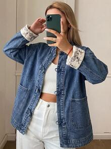 DAZY Women's Patchwork Contrast Trim Loose Stand Collar Frog Button Casual Vacation Spring Autumn Denim Jacket And Outerwear - Blue - View 7