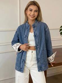 DAZY Women's Patchwork Contrast Trim Loose Stand Collar Frog Button Casual Vacation Spring Autumn Denim Jacket And Outerwear - Blue - View 3