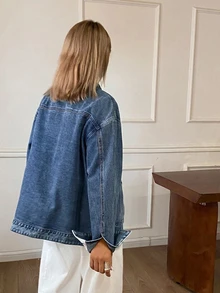 DAZY Women's Patchwork Contrast Trim Loose Stand Collar Frog Button Casual Vacation Spring Autumn Denim Jacket And Outerwear - Blue - View 2
