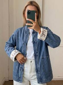 DAZY Women's Patchwork Contrast Trim Loose Stand Collar Frog Button Casual Vacation Spring Autumn Denim Jacket And Outerwear - Blue - View 1