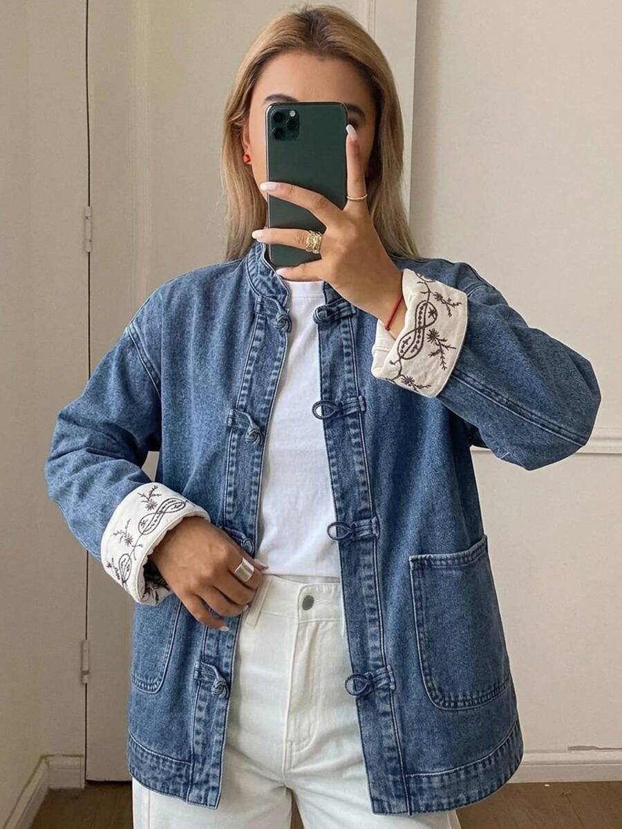 DAZY Women's Patchwork Contrast Trim Loose Stand Collar Frog Button Casual Vacation Spring Autumn Denim Jacket And Outerwear - Blue - View 1