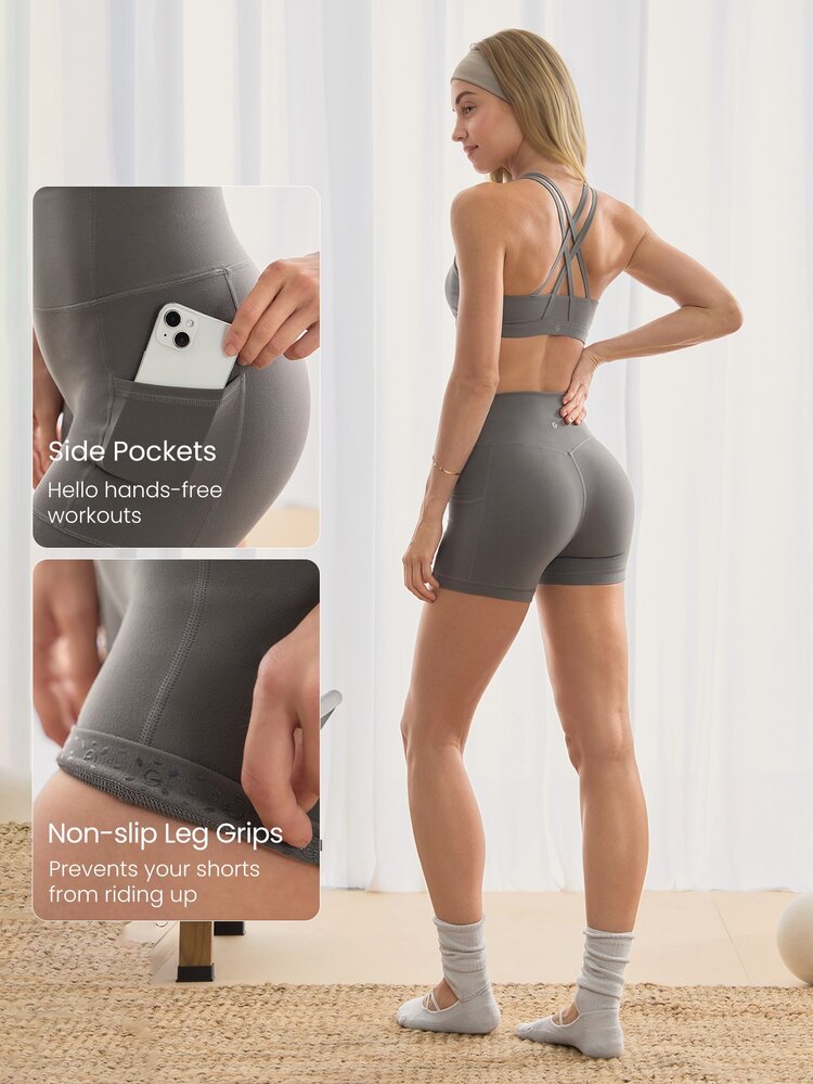 GLOWMODE 4.3" FeatherFit™ Anti-Slip Pocket Bike Shorts Non Front Seam Low Impact Cycling Running Gym Workout - Dark Grey - View 3