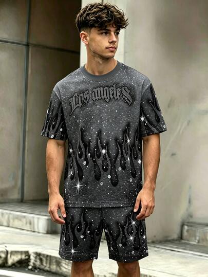 Conjunto de Verano Nuevo Gris Oscuro con Estampado de Llama y Strass para Niños, Diseño de Fuente Gótica, Casual Cómodo Fresco Elegante Versátil, Adecuado para Múltiples Escenarios, Conjunto de Verano Todo Terreno de Una Pieza Multiusos, Look Completo de Verano, Conjunto Listo para Fotos