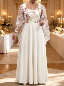 Fleurora Gaun Pesta Elegan Ukuran Plus dengan Motif Bunga dan Patchwork Jala - MultiWarna - View 6