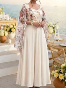 Fleurora Gaun Pesta Elegan Ukuran Plus dengan Motif Bunga dan Patchwork Jala - MultiWarna - View 3