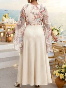 Fleurora Gaun Pesta Elegan Ukuran Plus dengan Motif Bunga dan Patchwork Jala - MultiWarna - View 2