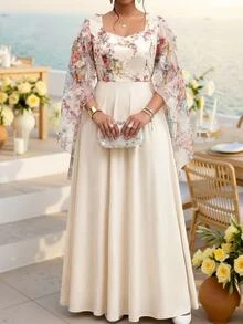 Fleurora Gaun Pesta Elegan Ukuran Plus dengan Motif Bunga dan Patchwork Jala - MultiWarna - View 1