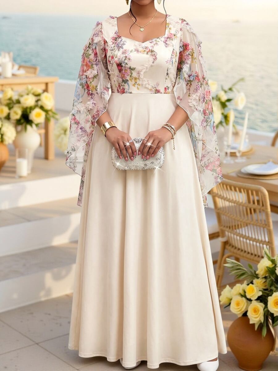 Fleurora Gaun Pesta Elegan Ukuran Plus dengan Motif Bunga dan Patchwork Jala - MultiWarna - View 1