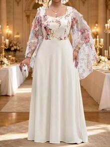 Fleurora Gaun Pesta Elegan Ukuran Plus dengan Motif Bunga dan Patchwork Jala - MultiWarna - View 5