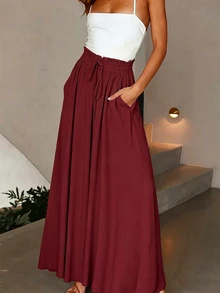 SHEIN Women's Casual Commuter Solid Color Wide Leg Long Pants Vacation Holiday Burgundy Autumn - Burgundy - View 3