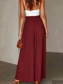 SHEIN Women's Casual Commuter Solid Color Wide Leg Long Pants Vacation Holiday Burgundy Autumn - Burgundy - View 2