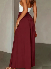 SHEIN Women's Casual Commuter Solid Color Wide Leg Long Pants Vacation Holiday Burgundy Autumn - Burgundy - View 4