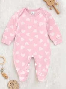 SHEIN Vintaside Kids 淡粉色花卉愛心蝴蝶結印花嬰兒連身衣，舒適面料適合秋季，長袖爬行服，睡衣居家服，甜美可愛女嬰款 - 彩色 - 查看 7