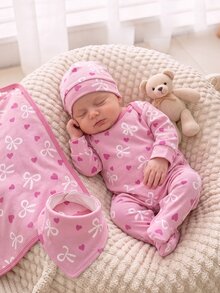 SHEIN Vintaside Kids 淡粉色花卉愛心蝴蝶結印花嬰兒連身衣，舒適面料適合秋季，長袖爬行服，睡衣居家服，甜美可愛女嬰款 - 彩色 - 查看 5