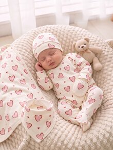 SHEIN Vintaside Kids 淡粉色花卉愛心蝴蝶結印花嬰兒連身衣，舒適面料適合秋季，長袖爬行服，睡衣居家服，甜美可愛女嬰款 - 彩色 - 查看 4