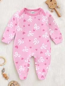 SHEIN Vintaside Kids 淡粉色花卉愛心蝴蝶結印花嬰兒連身衣，舒適面料適合秋季，長袖爬行服，睡衣居家服，甜美可愛女嬰款 - 彩色 - 查看 8