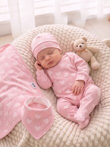 SHEIN Vintaside Kids 淡粉色花卉愛心蝴蝶結印花嬰兒連身衣，舒適面料適合秋季，長袖爬行服，睡衣居家服，甜美可愛女嬰款 - 彩色 - 查看 1