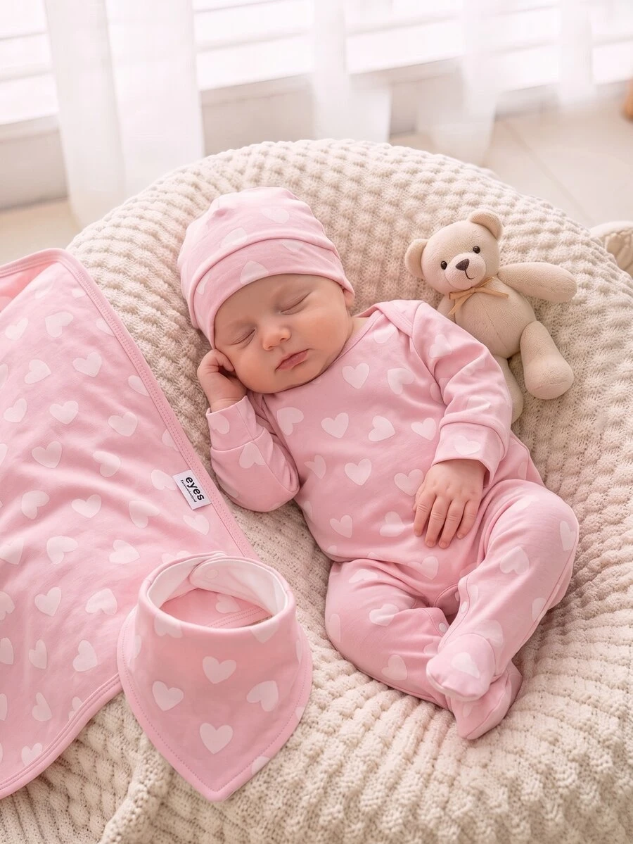 SHEIN Vintaside Kids 淡粉色花卉愛心蝴蝶結印花嬰兒連身衣,舒適面料適合秋季,長袖爬行服,睡衣居家服,甜美可愛女嬰款 - 彩色 - 查看 1