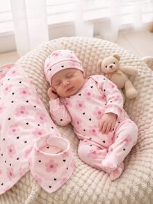 SHEIN Vintaside Kids 淡粉色花卉愛心蝴蝶結印花嬰兒連身衣，舒適面料適合秋季，長袖爬行服，睡衣居家服，甜美可愛女嬰款 - 彩色 - 查看 6
