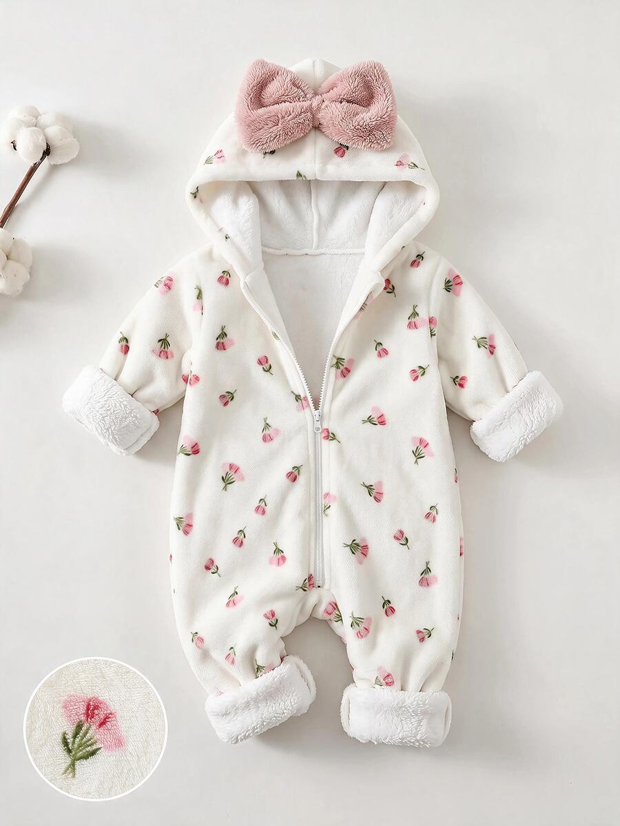 SHEIN Baby Girl Bow Decor Fluffy Hooded Autumn Romper - White - View 1