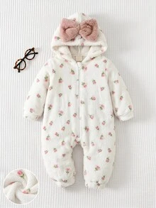 SHEIN Baby Girl Bow Decor Fluffy Hooded Autumn Romper - White - View 5