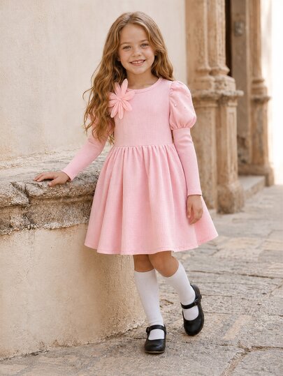 Girls' New Demelin Style Pink Knitted Dress, Round Neck, Long Puff Sleeves, Pearl Decor, 3D Floral Accents, Waist-Cinching Design, Fairy Princess Fall