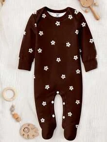SHEIN Newborn Baby Home Sleep Night Jumpsuit, Cartoon Flower, Wave Element, Plain White Print, Snap Button Design, Comfortable For All Seasons Autumn Funny - Multicolor - View 8