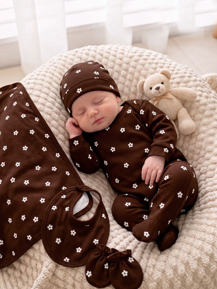 SHEIN Newborn Baby Home Sleep Night Jumpsuit, Cartoon Flower, Wave Element, Plain White Print, Snap Button Design, Comfortable For All Seasons Autumn Funny - Multicolor - View 5