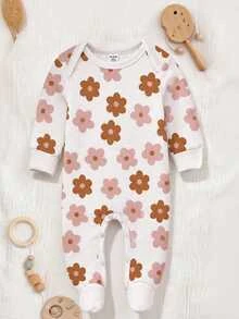 SHEIN Newborn Baby Home Sleep Night Jumpsuit, Cartoon Flower, Wave Element, Plain White Print, Snap Button Design, Comfortable For All Seasons Autumn Funny - Multicolor - View 6
