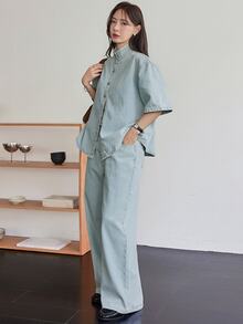 Dazy-Less 女款牛仔套裝，含棉領短袖鈕扣式淺藍水洗寬鬆上衣與裙子，適合夏季日常休閒穿著 - 淺色水洗藍 - 查看 3