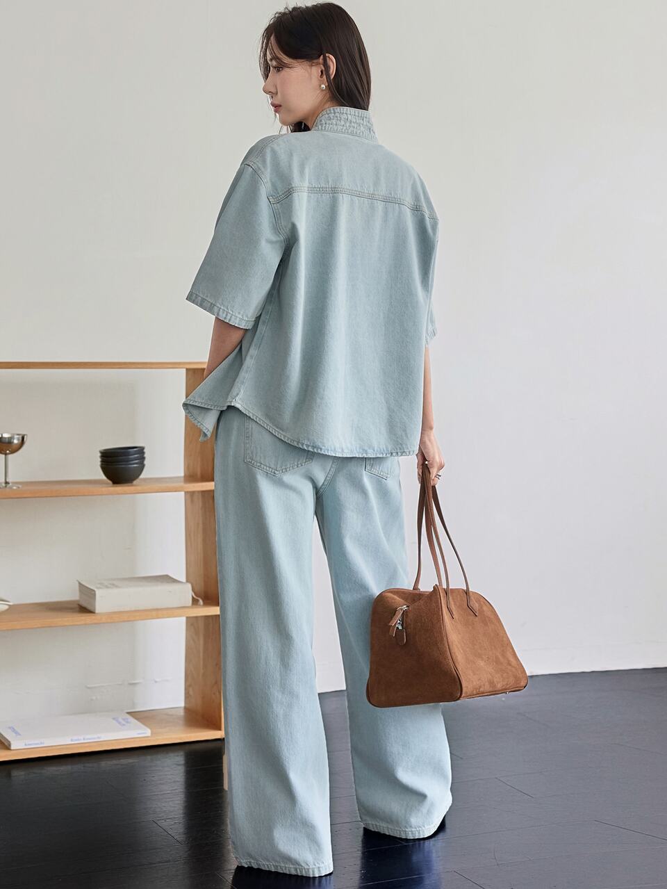 Women's Denim Set With Cotton Collared Short Sleeve Button-Up Light Blue Washed Loose Top And Skirt Everyday Daytime Summer Casual