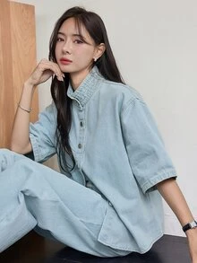 Dazy-Less 女款牛仔套裝，含棉領短袖鈕扣式淺藍水洗寬鬆上衣與裙子，適合夏季日常休閒穿著 - 淺色水洗藍 - 查看 6