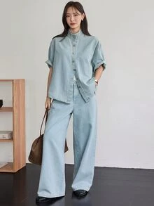 Dazy-Less 女款牛仔套裝，含棉領短袖鈕扣式淺藍水洗寬鬆上衣與裙子，適合夏季日常休閒穿著 - 淺色水洗藍 - 查看 1