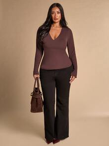 SHEIN BAE CURVE Women's Plus-Size Brown Long-Sleeve Top; A Versatile Basic Piece Suitable For Layering In Autumn And Winter; Features A Sexy Style And Built-In Chest - Coffee Brown - View 1