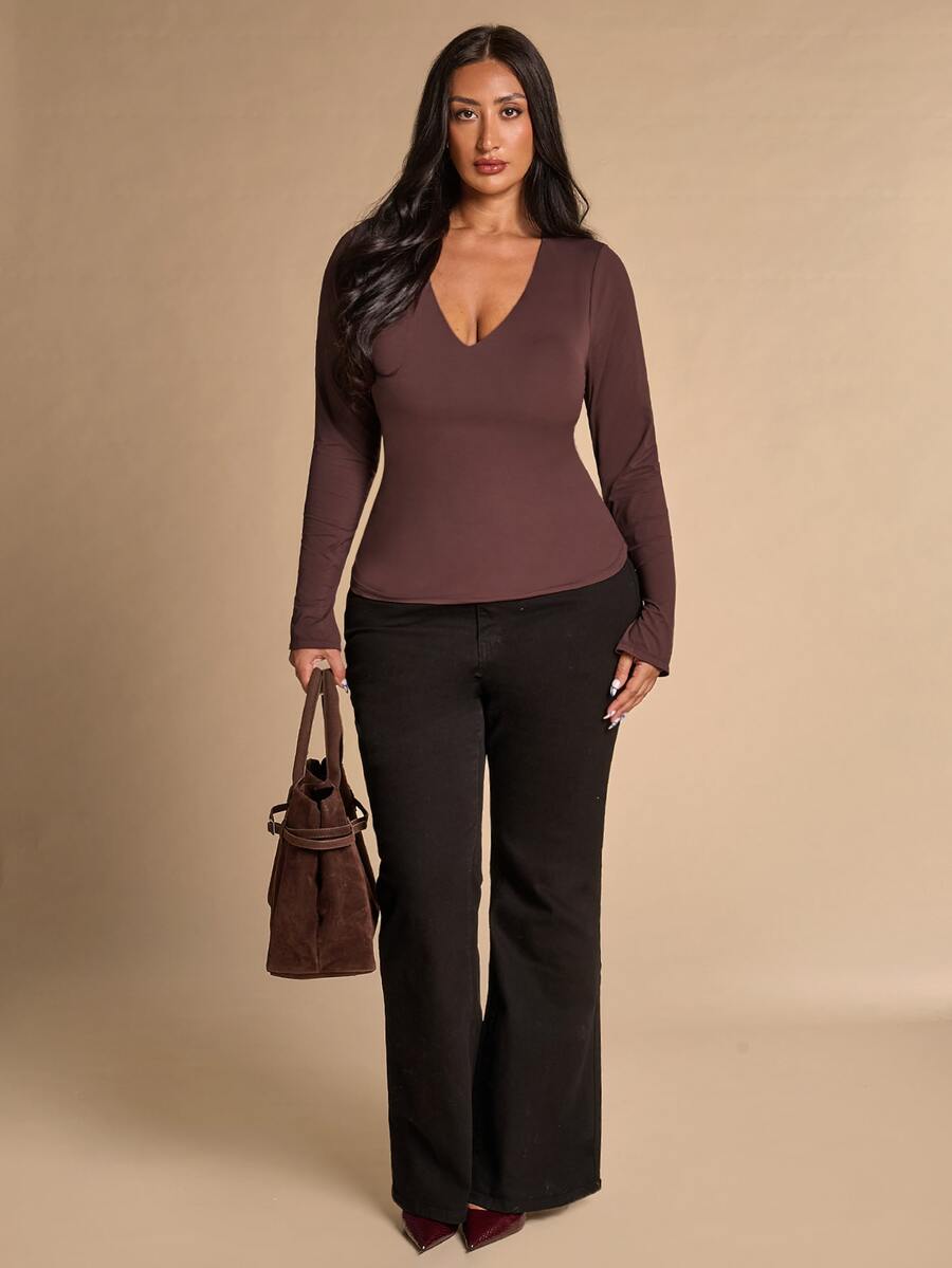 SHEIN BAE CURVE Women's Plus-Size Brown Long-Sleeve Top; A Versatile Basic Piece Suitable For Layering In Autumn And Winter; Features A Sexy Style And Built-In Chest - Coffee Brown - View 1