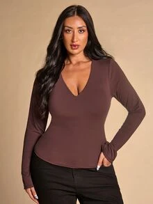 SHEIN BAE CURVE Women's Plus-Size Brown Long-Sleeve Top; A Versatile Basic Piece Suitable For Layering In Autumn And Winter; Features A Sexy Style And Built-In Chest - Coffee Brown - View 6