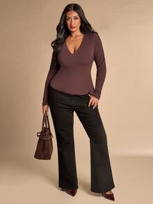 SHEIN BAE CURVE Women's Plus-Size Brown Long-Sleeve Top; A Versatile Basic Piece Suitable For Layering In Autumn And Winter; Features A Sexy Style And Built-In Chest - Coffee Brown - View 4