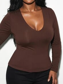 SHEIN BAE CURVE Women's Plus-Size Brown Long-Sleeve Top; A Versatile Basic Piece Suitable For Layering In Autumn And Winter; Features A Sexy Style And Built-In Chest - Coffee Brown - View 7