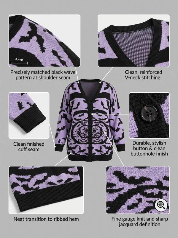 SHEIN CURVE+ كارديجان نسائي مقاس كبير بياقة على شكل حرف V وتصميم ألوان متباينة، كاجوال متعدد الاستخدامات للارتداء اليومي، مناسب للهالوين