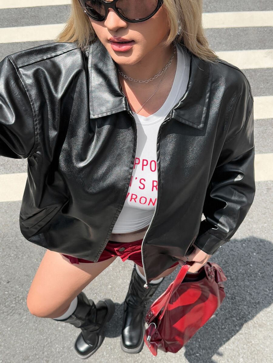 SHEIN EZwear 大尺碼女款黑色金配色秋季休閒商務休閒外出雞尾酒會落肩拉鍊PU素色人造皮革夾克外套 - 黑色 - 查看 1