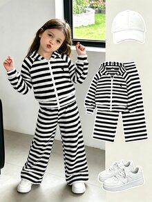 SHEIN Elladie kids 少女針織條紋極簡風T恤套裝，Y2K街頭風，長袖，秋季，度假，校園，健身，黑白條紋 - 黑與白 - 查看 1