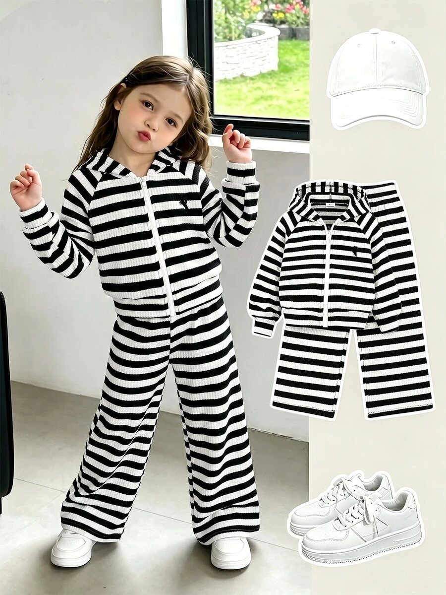 SHEIN Elladie kids 少女針織條紋極簡風T恤套裝,Y2K街頭風,長袖,秋季,度假,校園,健身,黑白條紋 - 黑與白 - 查看 1