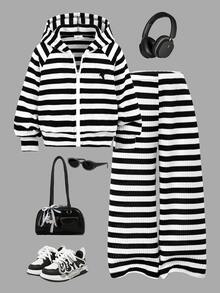 SHEIN Elladie kids 少女針織條紋極簡風T恤套裝，Y2K街頭風，長袖，秋季，度假，校園，健身，黑白條紋 - 黑與白 - 查看 7